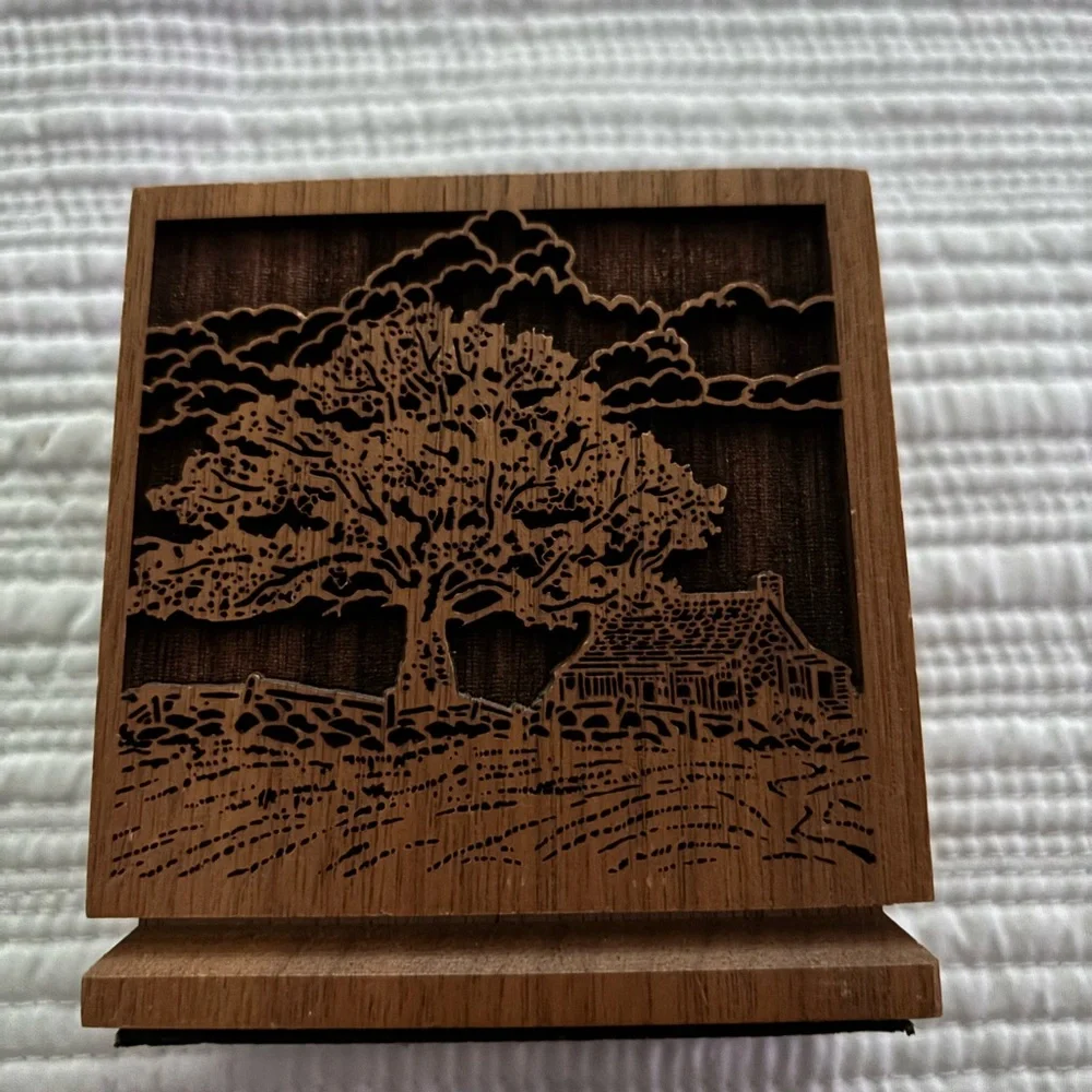 Laser craft Wooden Walnut Tree and Cottage Art Decor pen pad Holder. Etched Desi